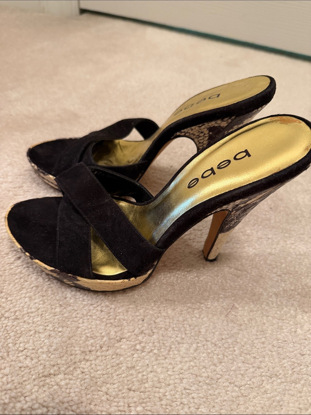 bebe Black Suede Crisscross Open-Toe Heels with Gold Insole - Picture 3 of 5